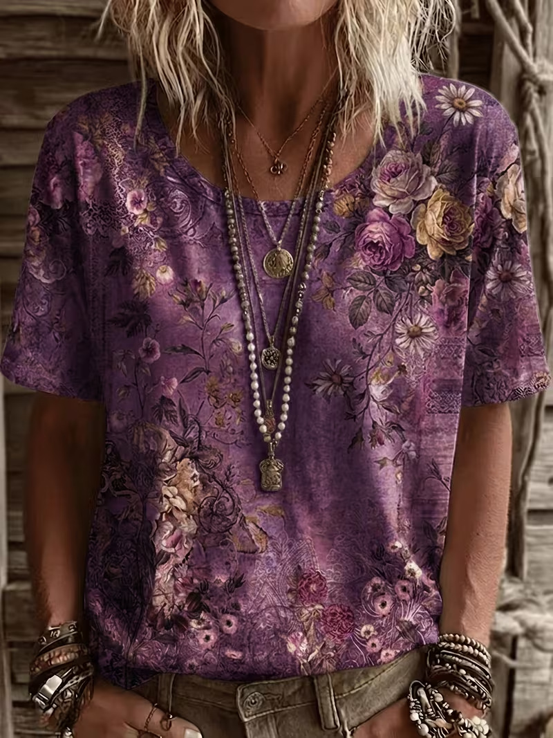 Retro Floral Print Short Sleeve T-Shirt