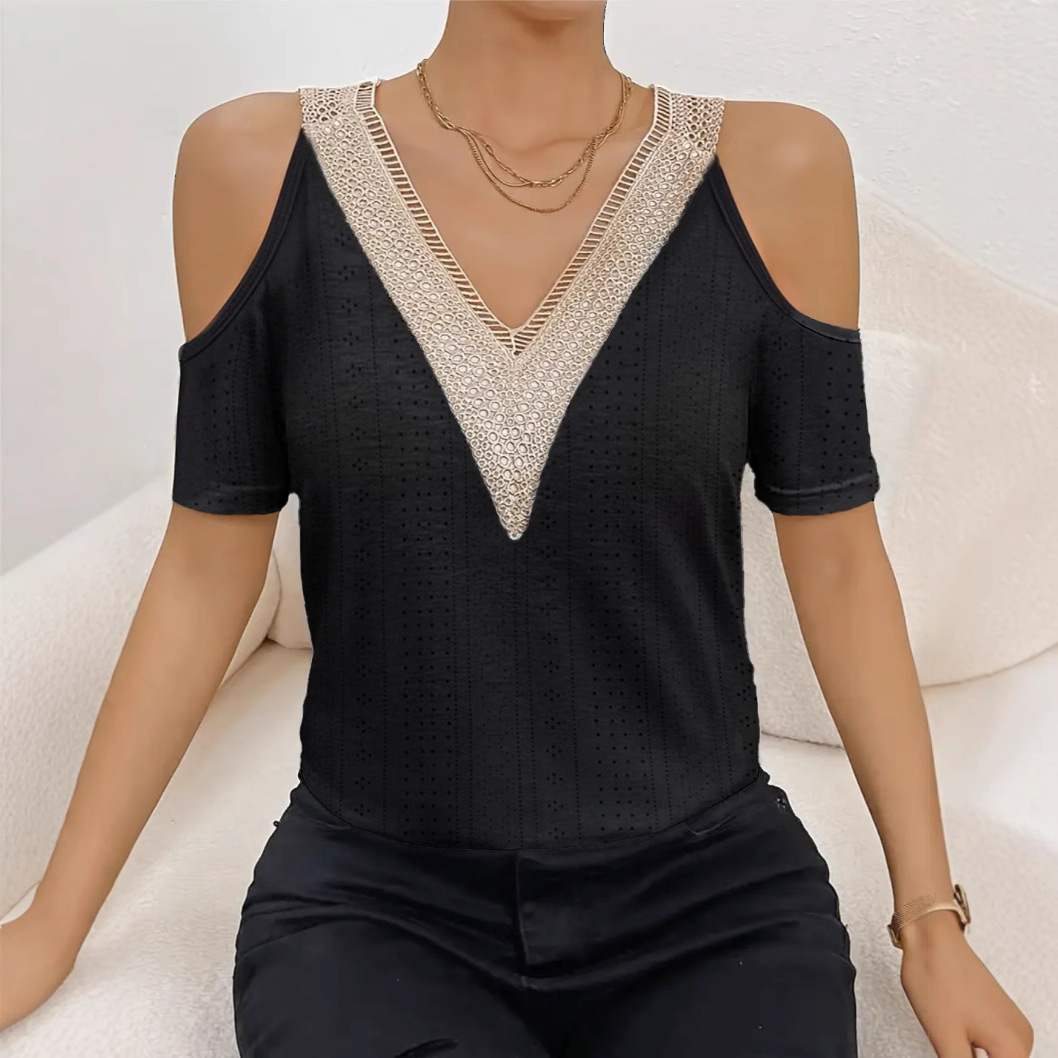 Women's Lace Trim V-Neck Cold Shoulder Short Sleeve Top