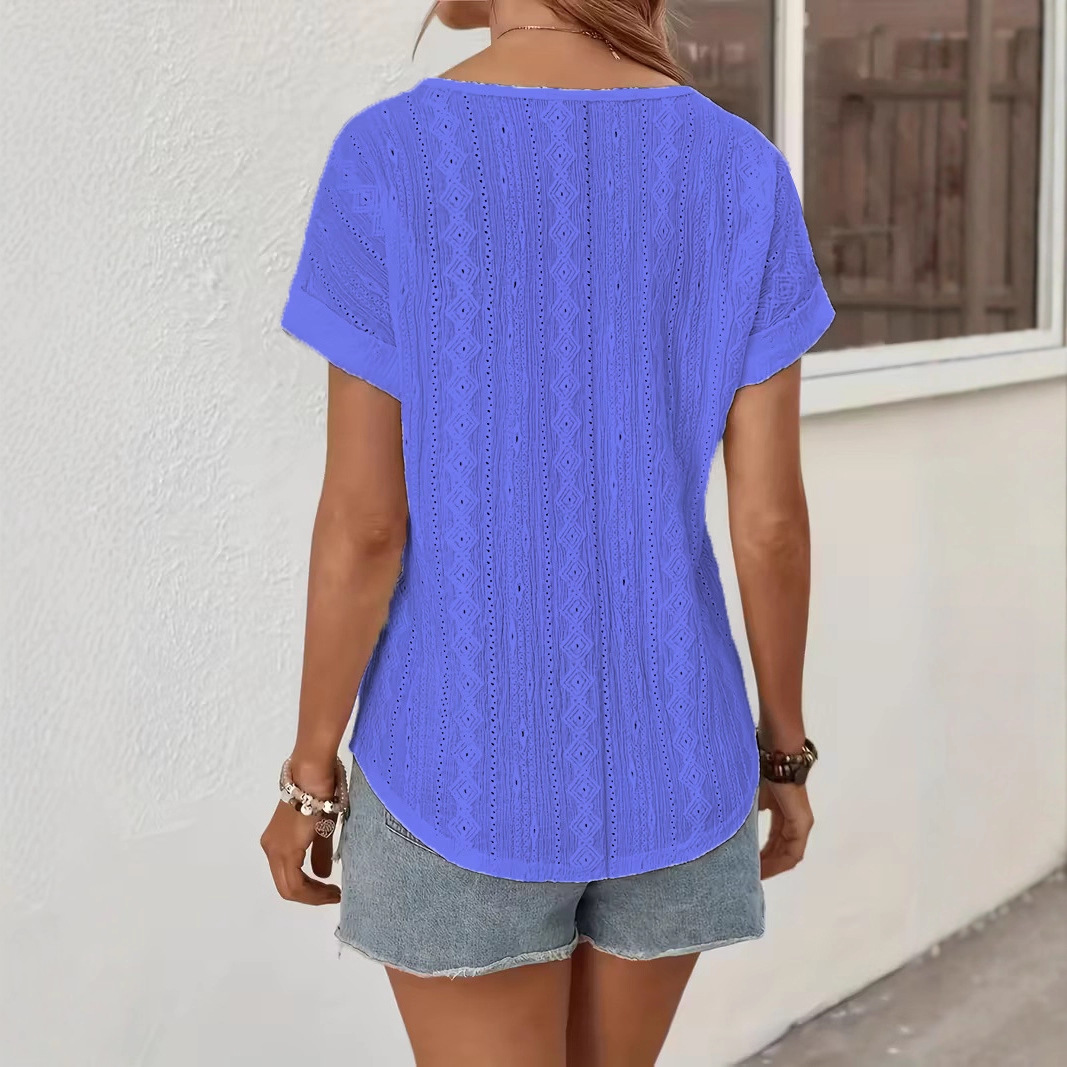 Women's Color-Block V-Neck Hollow-Out Knit Short-Sleeve Top with Rolled Cuffs