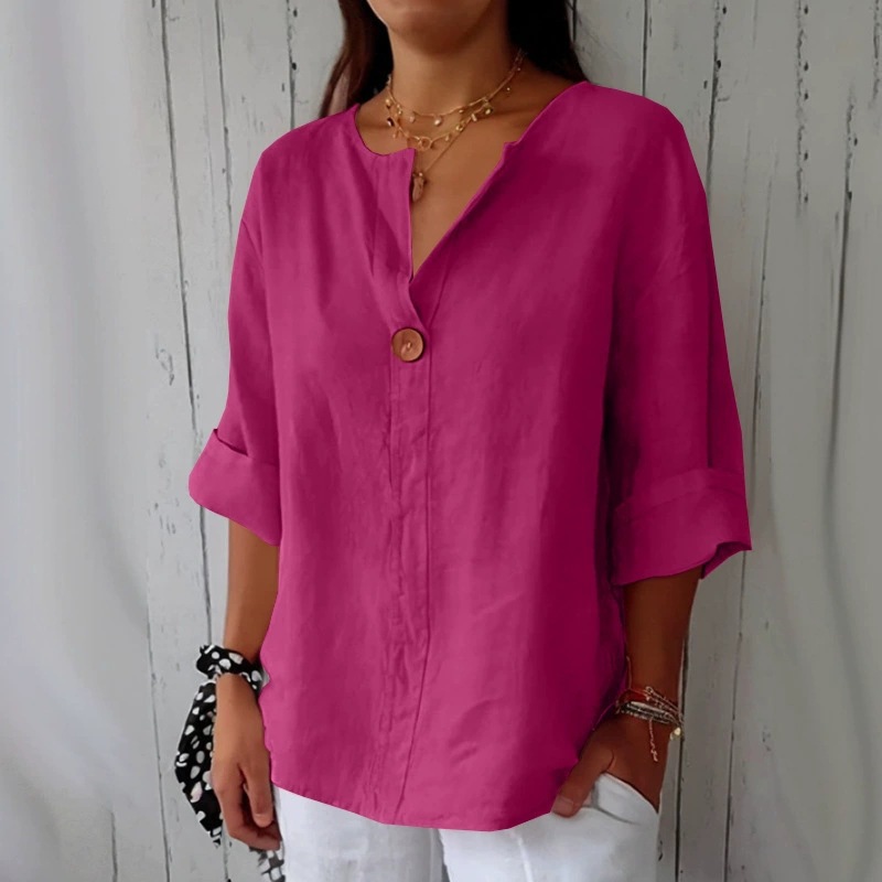 Women's Loose V-Neck Button Cotton-Blend T-Shirt