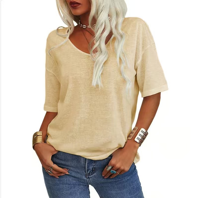 Women's V-Neck Short Sleeve Loose Fit T-Shirt Casual Solid Color Basic Top
