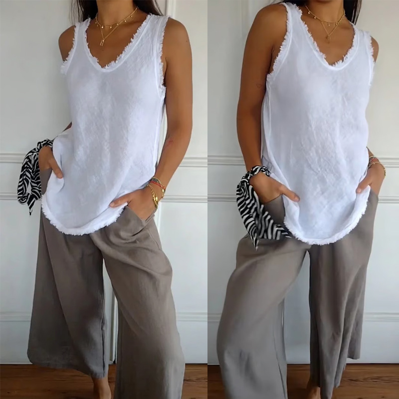 V-Neck Sleeveless Loose Cotton-Linen Fringe Trim Top