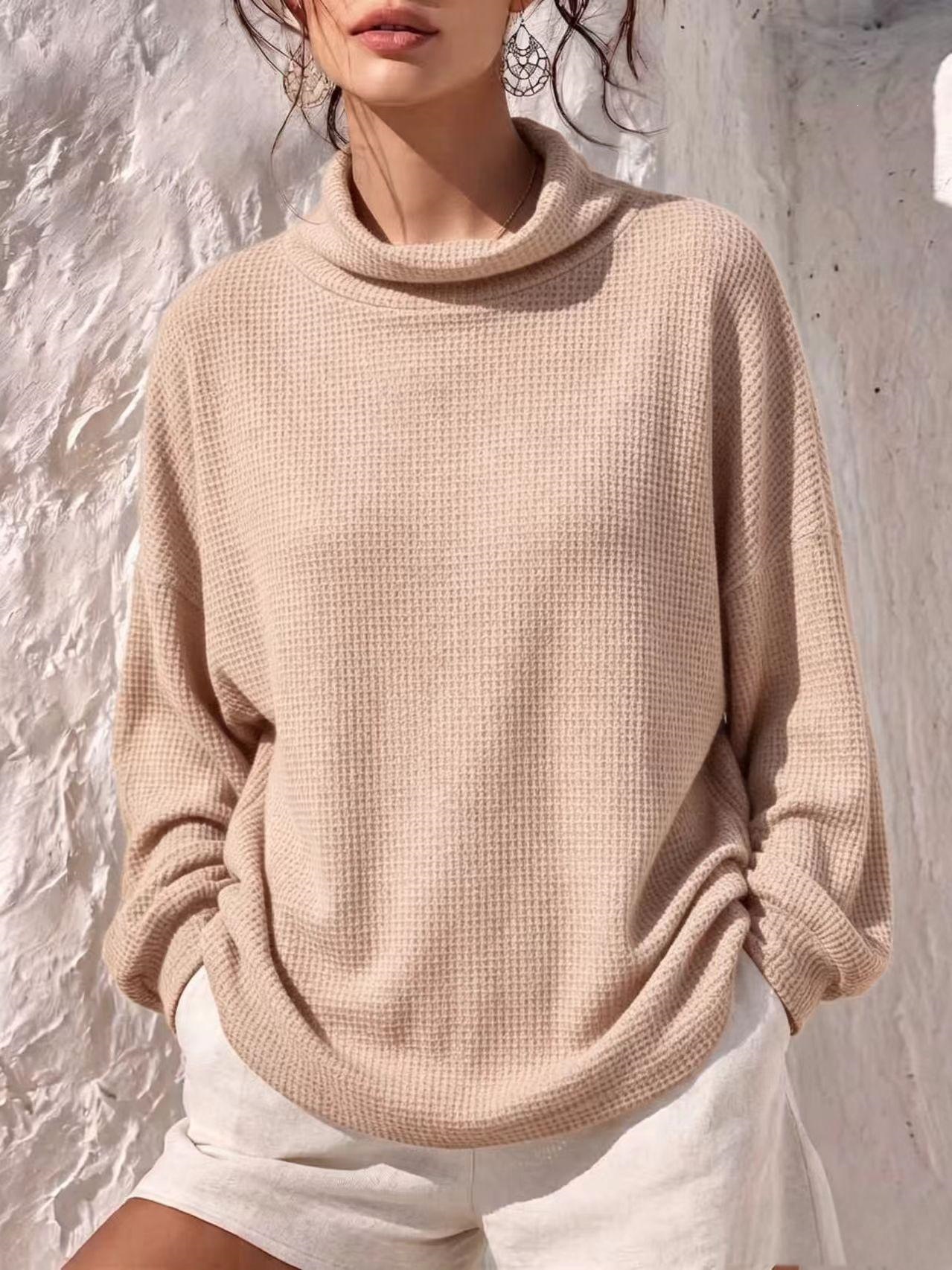 Waffle Knit Long Sleeve Scarf Neck Top Women's Loose Solid Color