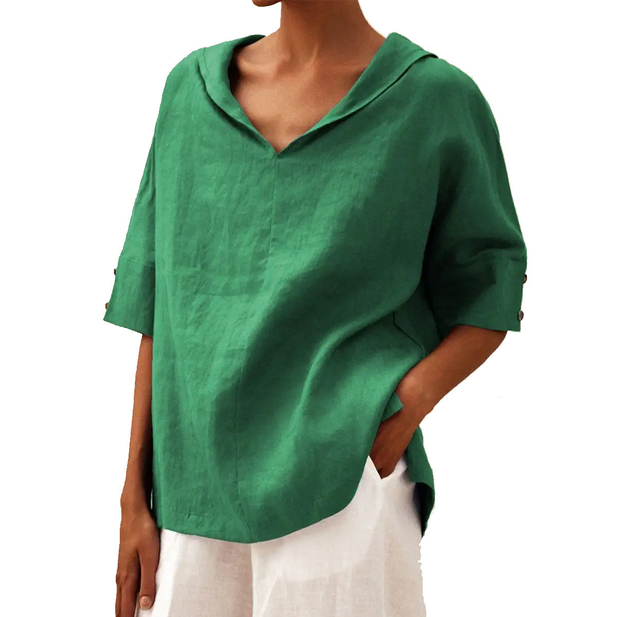 Women's Cotton-Linen Sailor Collar Loose Short-Sleeve Top