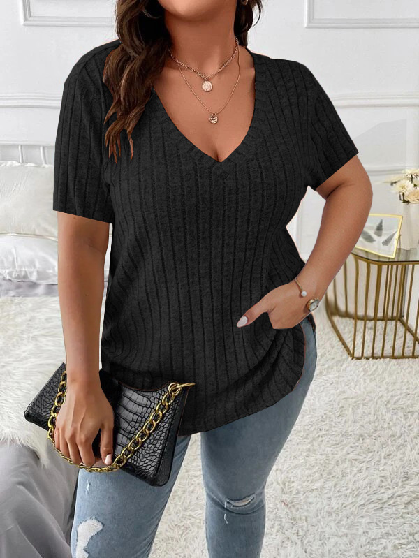 Women's Plus Size Ribbed V-Neck Short Sleeve Top