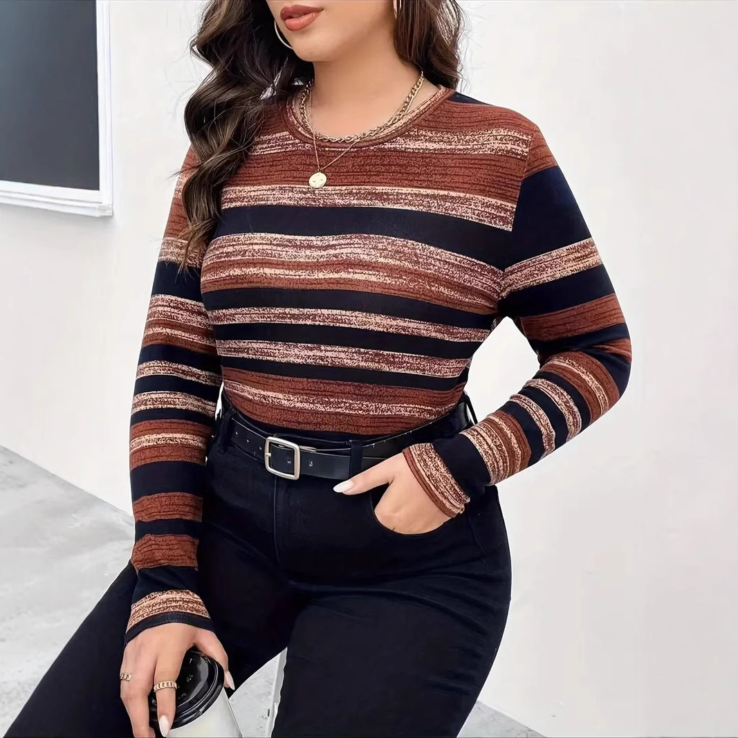 Plus Size Striped Crewneck Long Sleeve Women's Top