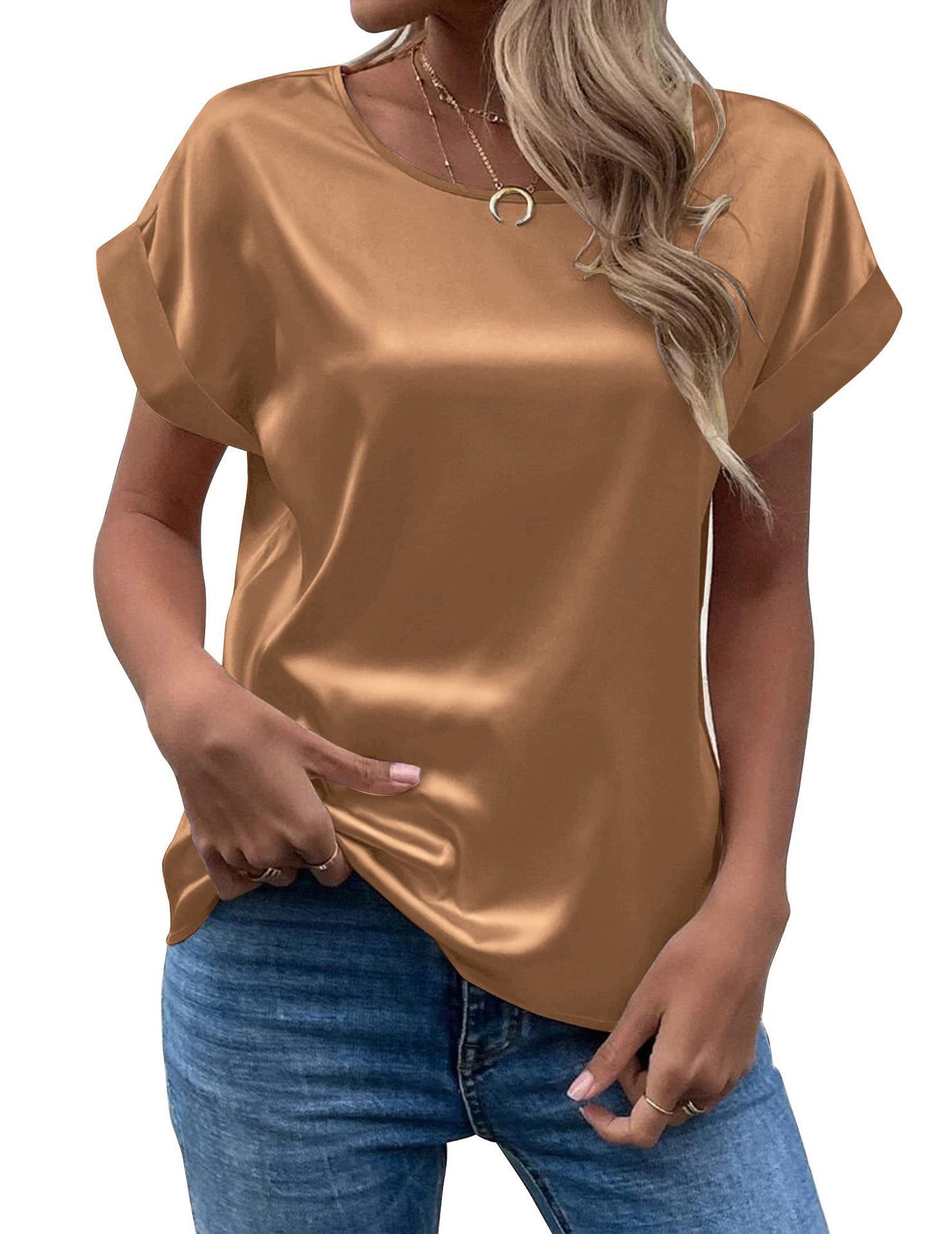 Women's Satin Crewneck Straight-Fit Short-Sleeve T-Shirt