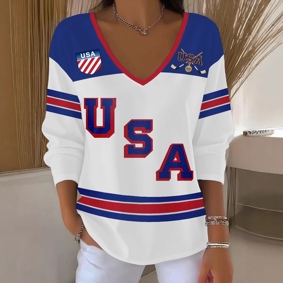 Women's V-Neck Long Sleeve Ice Hockey Graphic T-Shirt