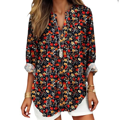 Women's Floral Polka Dot Print V-Neck Long Sleeve T-Shirt
