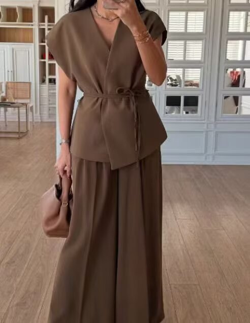 Women's Side-Tie Top & Wide-Leg Pants Set