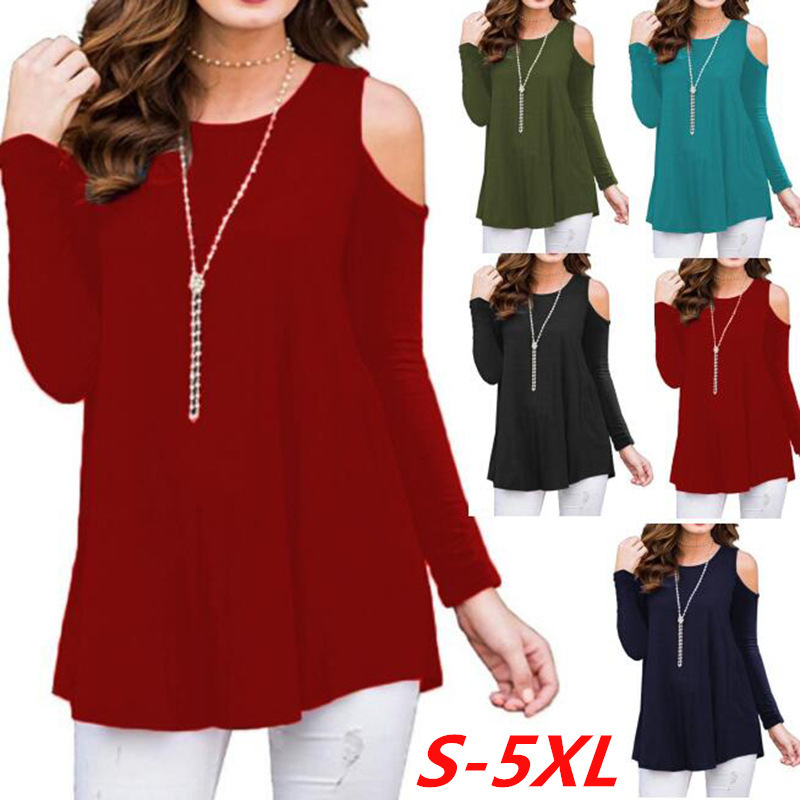 Long Sleeve Solid Off-Shoulder T-Shirt Plus Size Women's Top