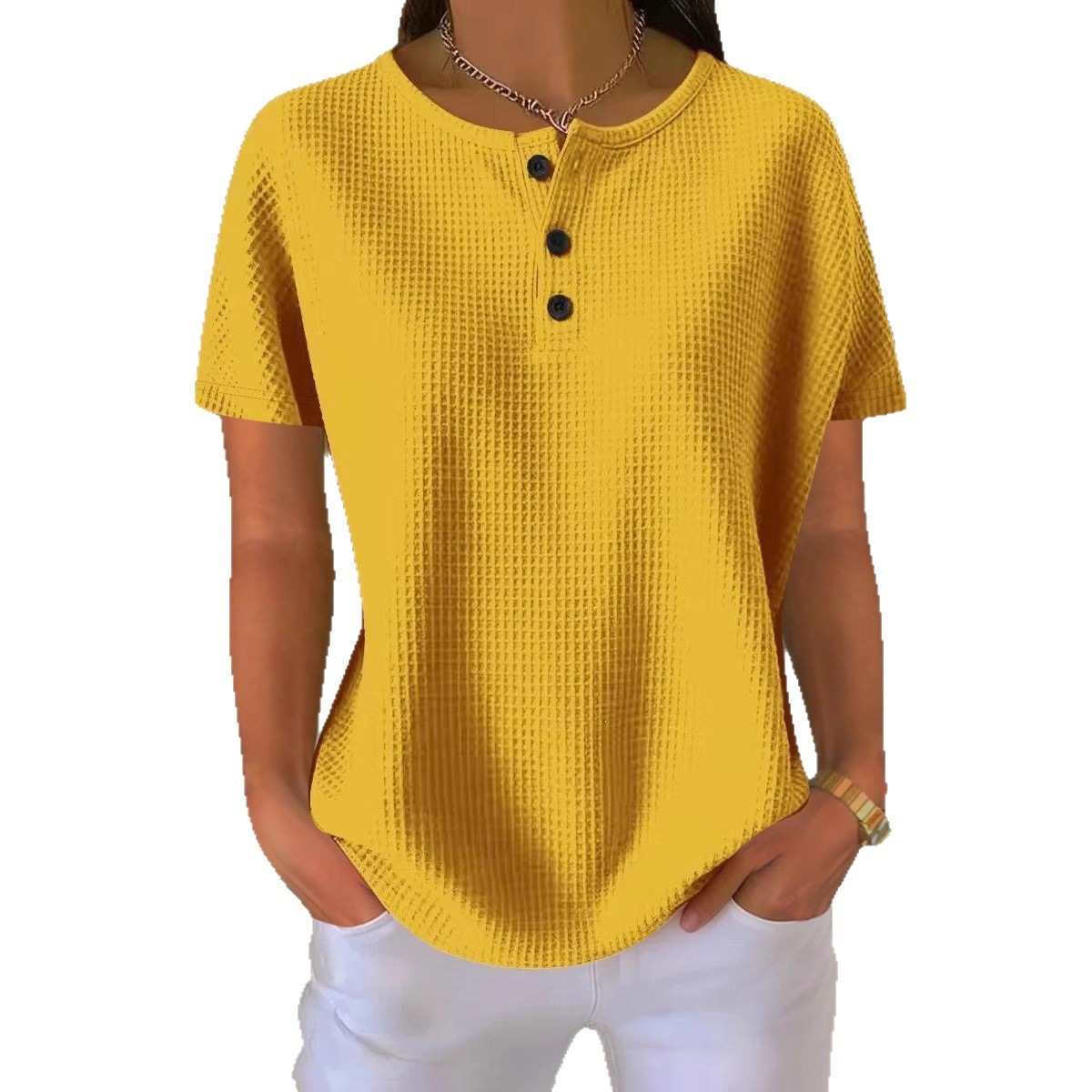 Waffle Knit Crewneck Short Sleeve Pullover Top