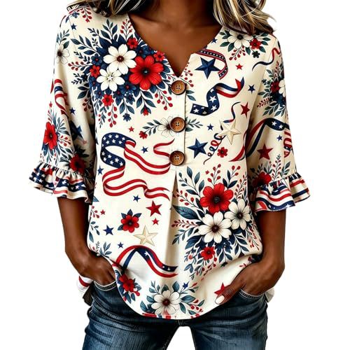 Summer American Firework Print Half-Sleeve Button Top