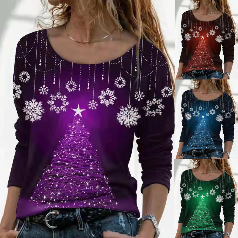 Christmas Floral Print Loose Crewneck Pullover Top T-Shirt