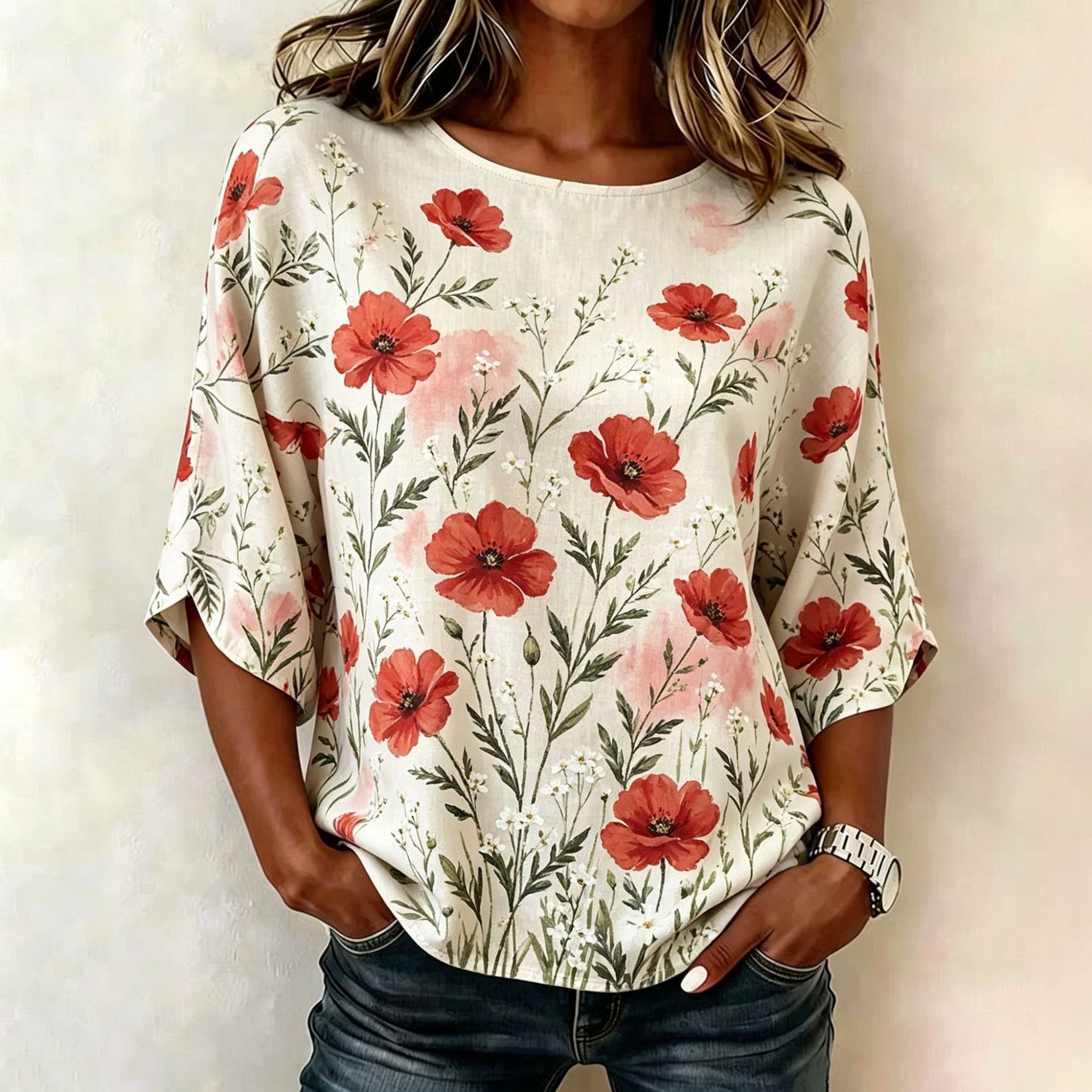 Floral Plaid Print Mid-Sleeve Women's Top