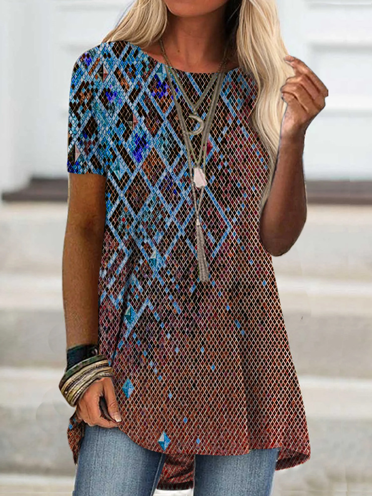 Women's Short Sleeve Digital Print T-Shirt Loose Fit Crew Neck