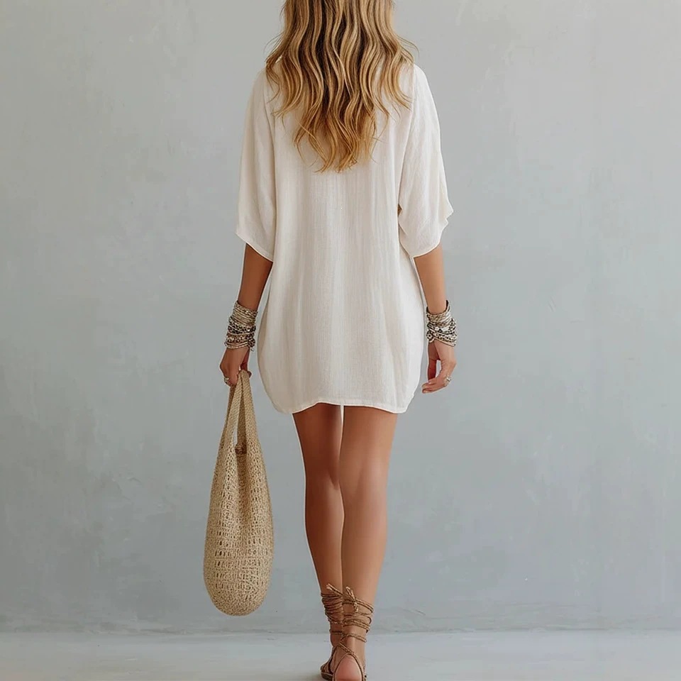 Women's V-Neck Loose Half-Sleeve Cotton-Linen T-Shirt Vacation Top