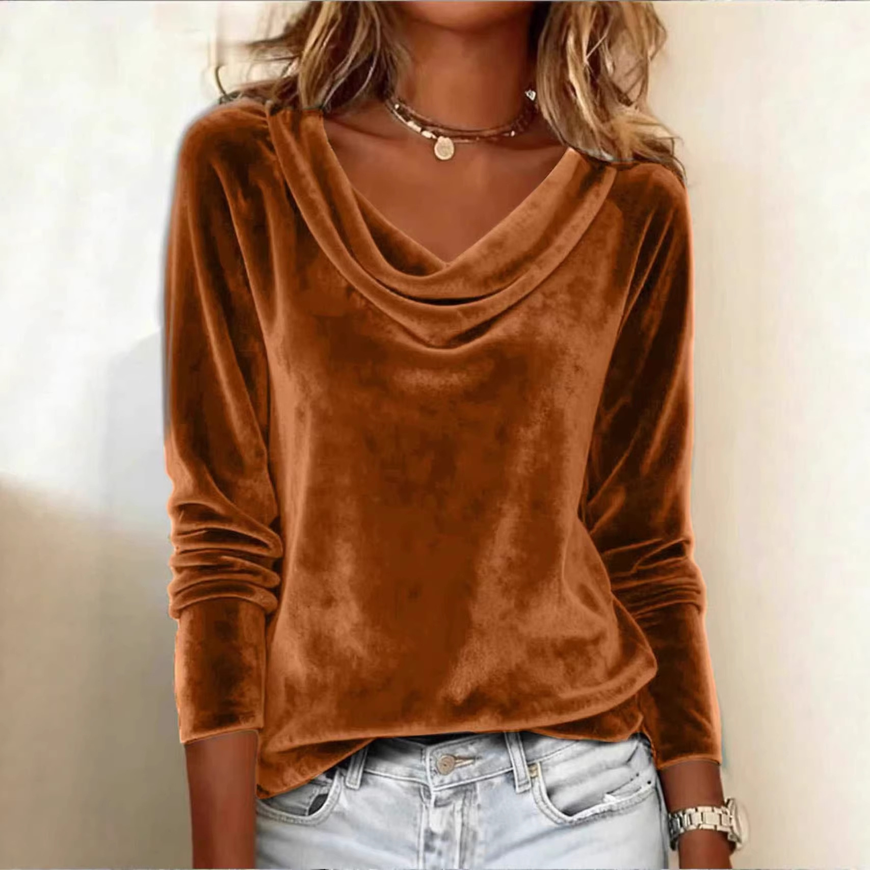 Women's Long Sleeve V-Neck Layered Top Solid Color Slim Fit
