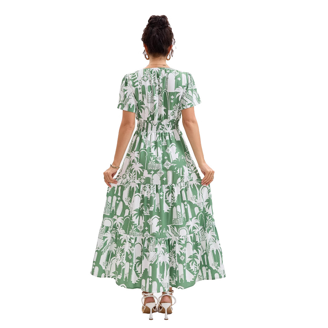 Floral Geometric Print V-Neck Bubble Sleeve Cinched Waist Layered Dress