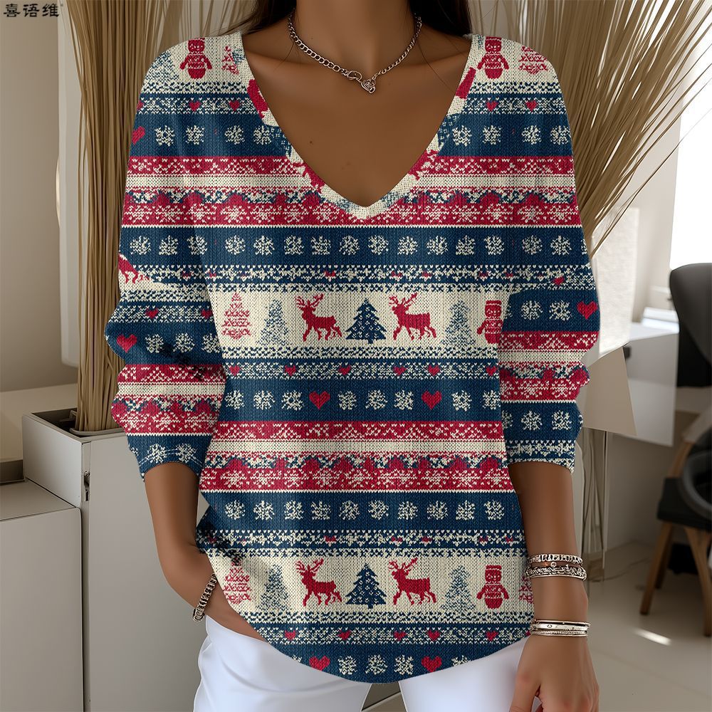Christmas Snowman Reindeer Bow Print V-Neck Long Sleeve T-Shirt
