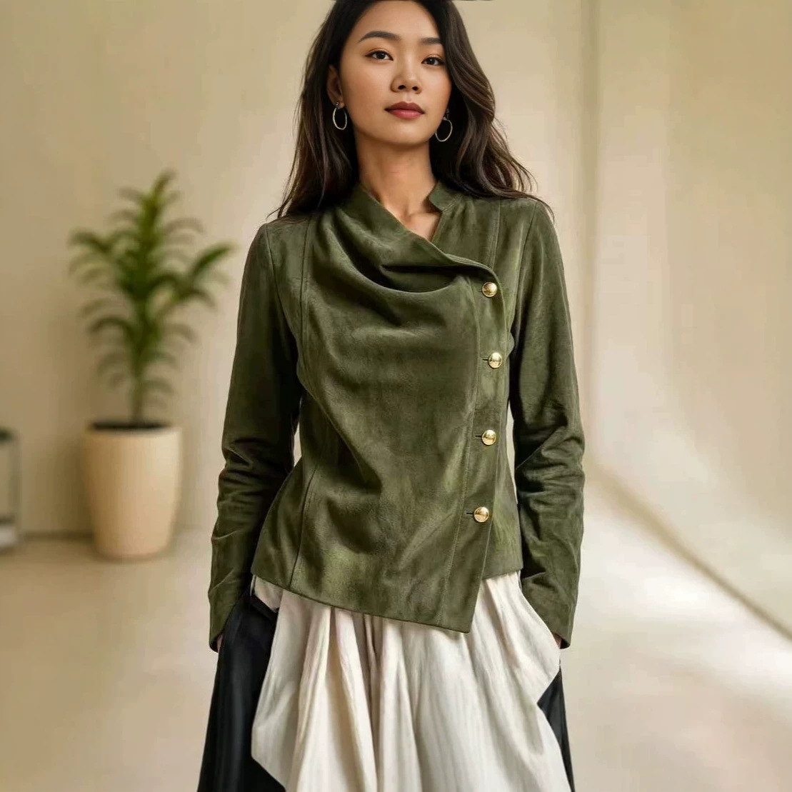 Suede Stand Collar Asymmetric Button Short Jacket