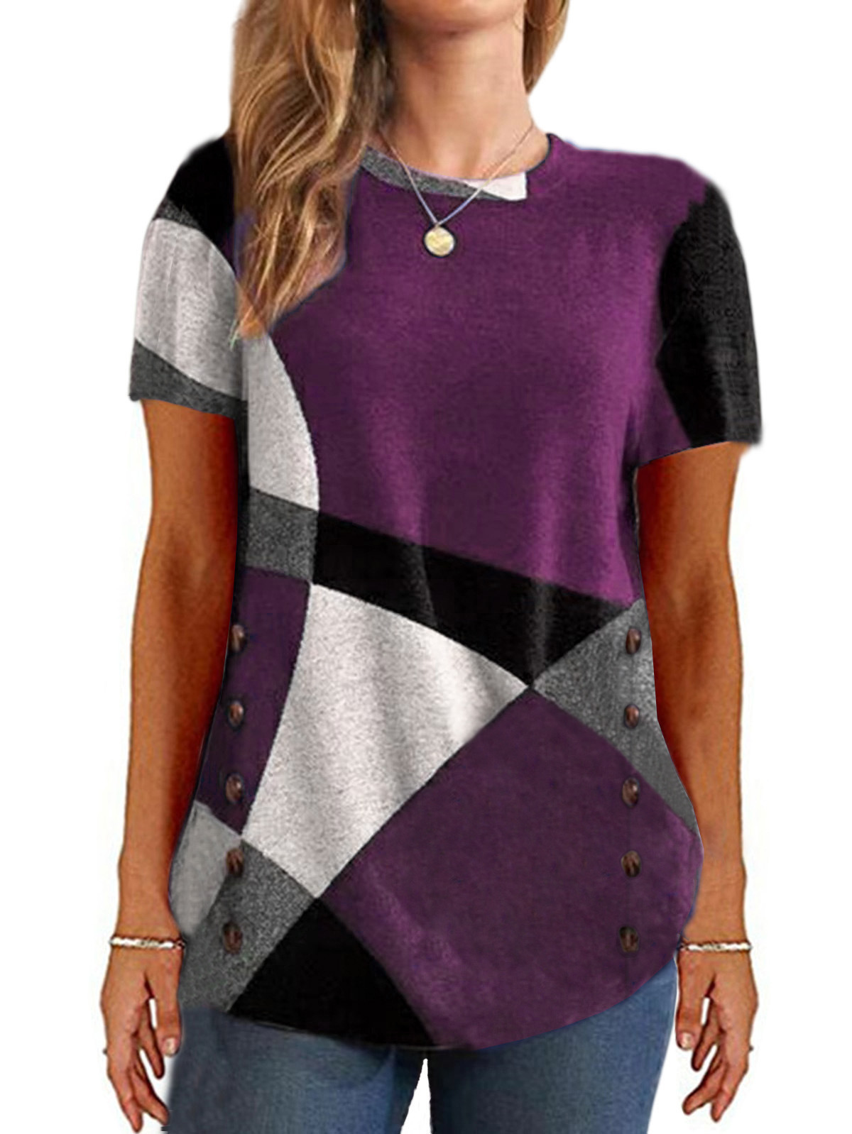 Button Geometric Colorblock Long Sleeve Print Loose T-Shirt Women's Top