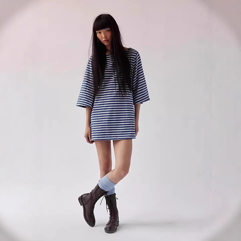 Colorblock Striped 3/4 Sleeve Round Neck Pullover Loose Long T-Shirt