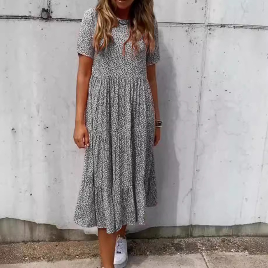 Floral Print Round Neck Short Sleeve Maxi Dress