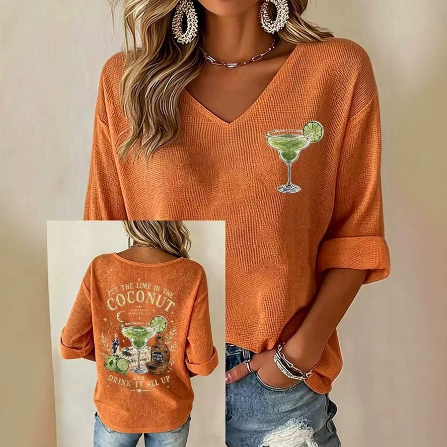 Retro Wine Glass Print V-Neck Half-Sleeve Top
