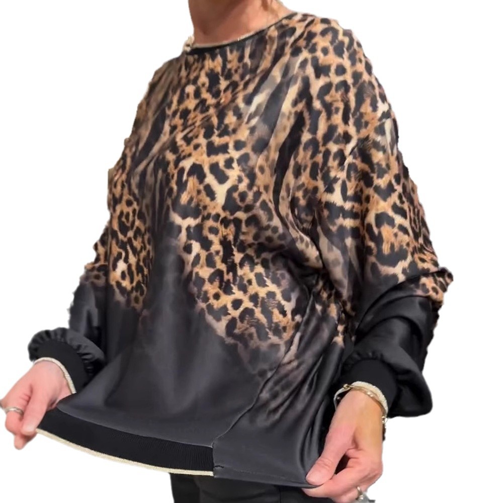 Leopard Color-Block Crewneck Long-Sleeve Loose Top