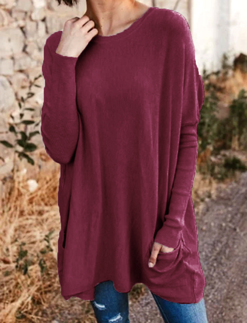 Women's Loose Fit Crewneck Long Sleeve Pocket T-Shirt