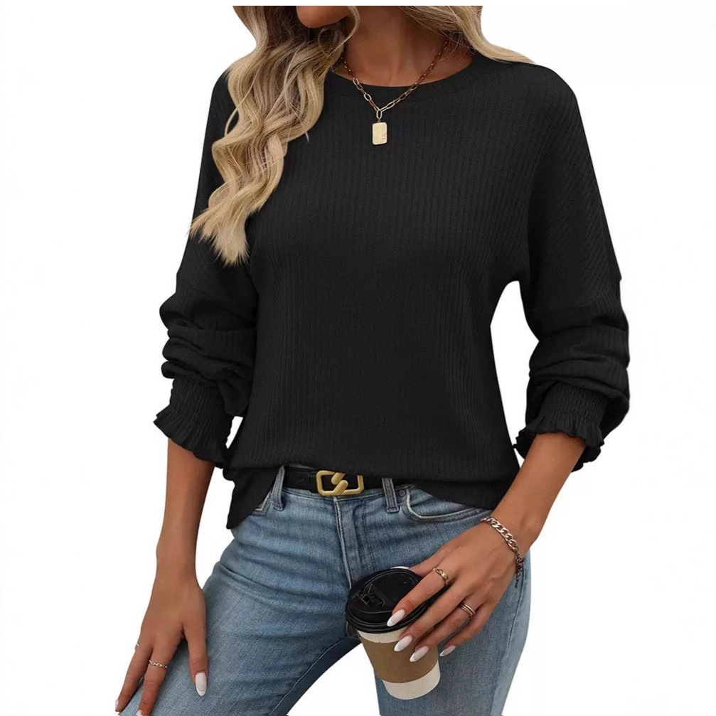 Women's Ribbed Knit Crewneck Long Sleeve Loose T-Shirt