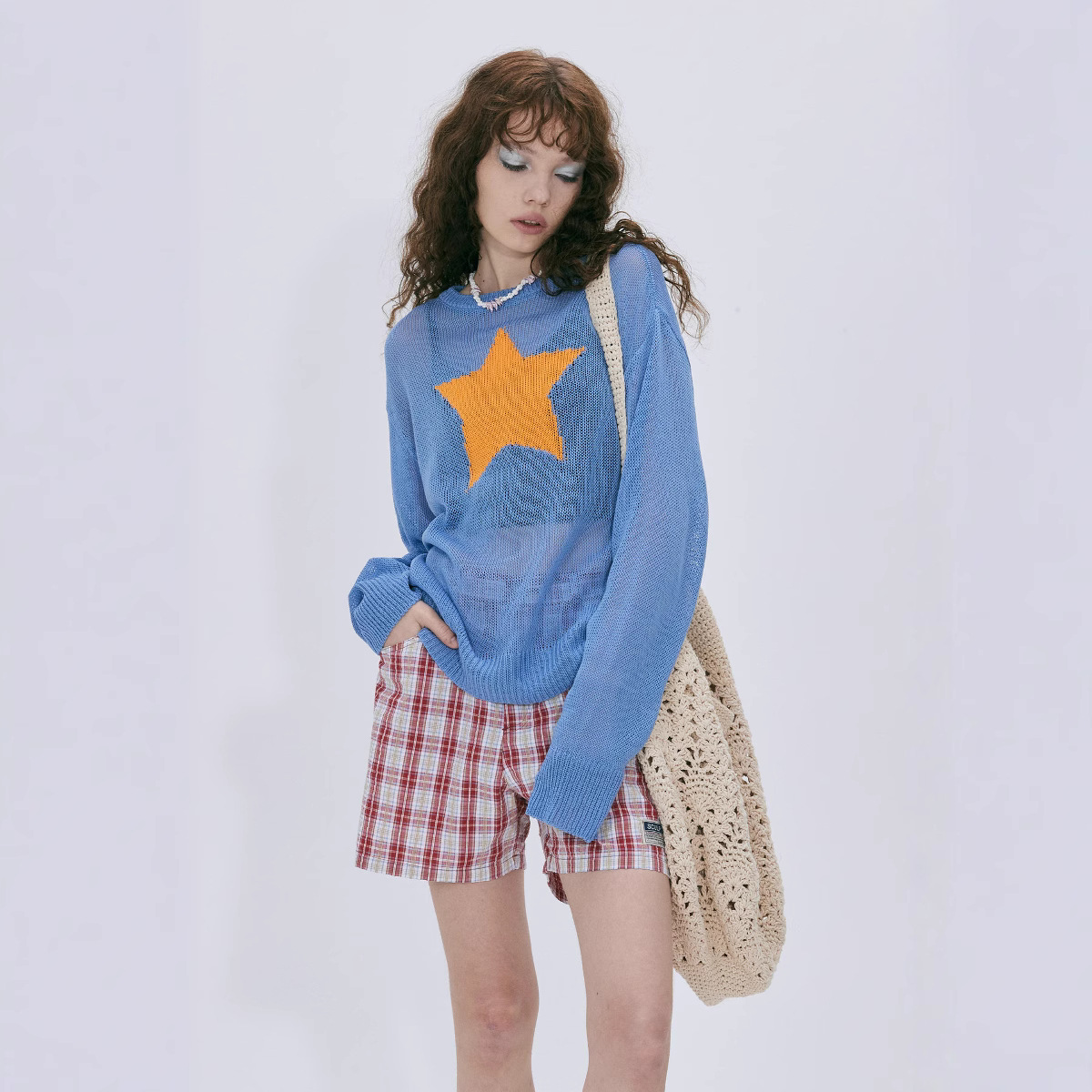 Sheer Star Cutout Knit Top Long Sleeve Crew Neck