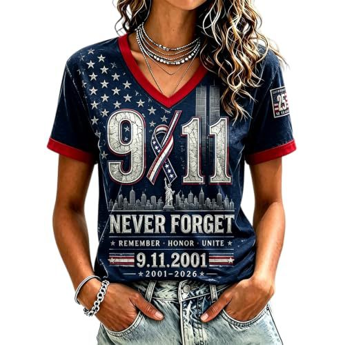 Twin Towers Anniversary Print V-Neck Short Sleeve Women's T-Shirt
