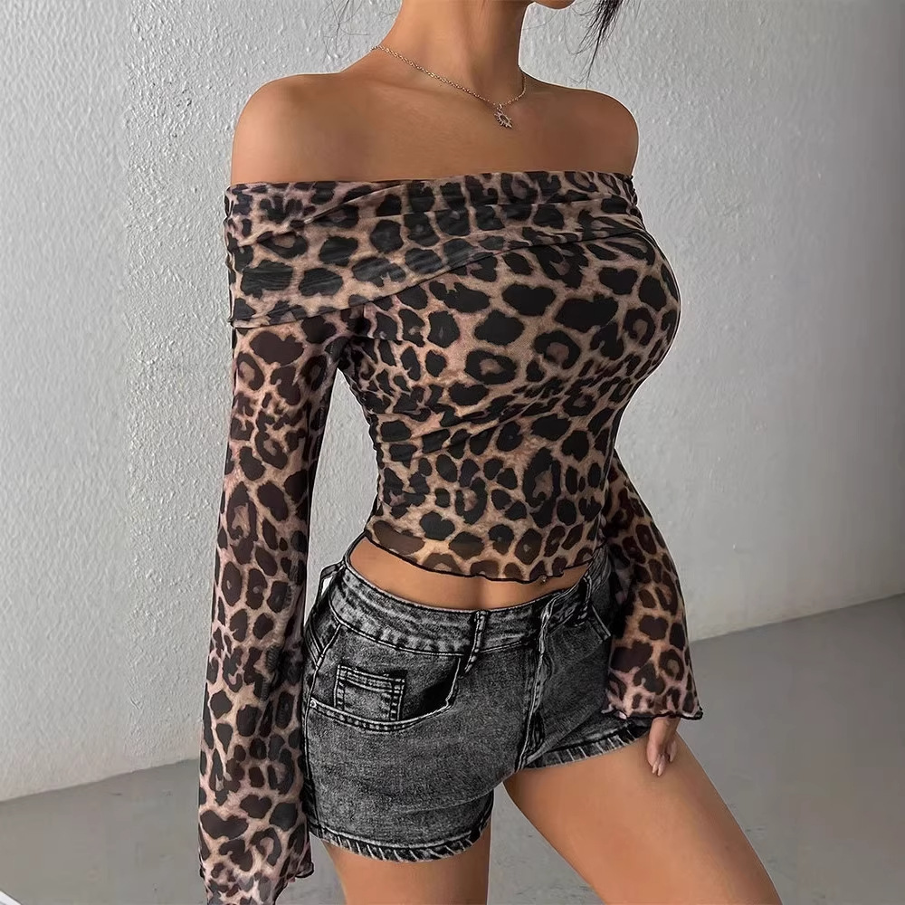 Women's Leopard Print Off-Shoulder Long-Sleeve Slim Top