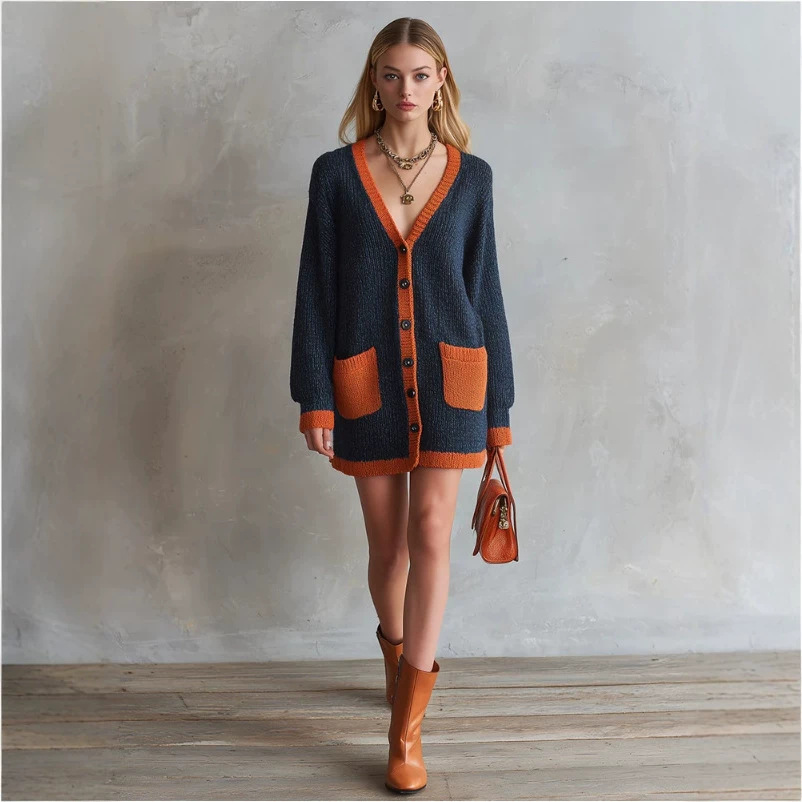 Retro Color-Block Trim Navy Mini Dress with Pockets and Buttons