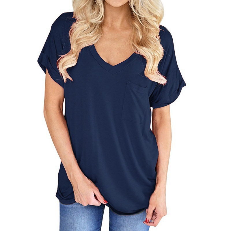 Women's Simple Pocket Short Sleeve V-Neck T-Shirt