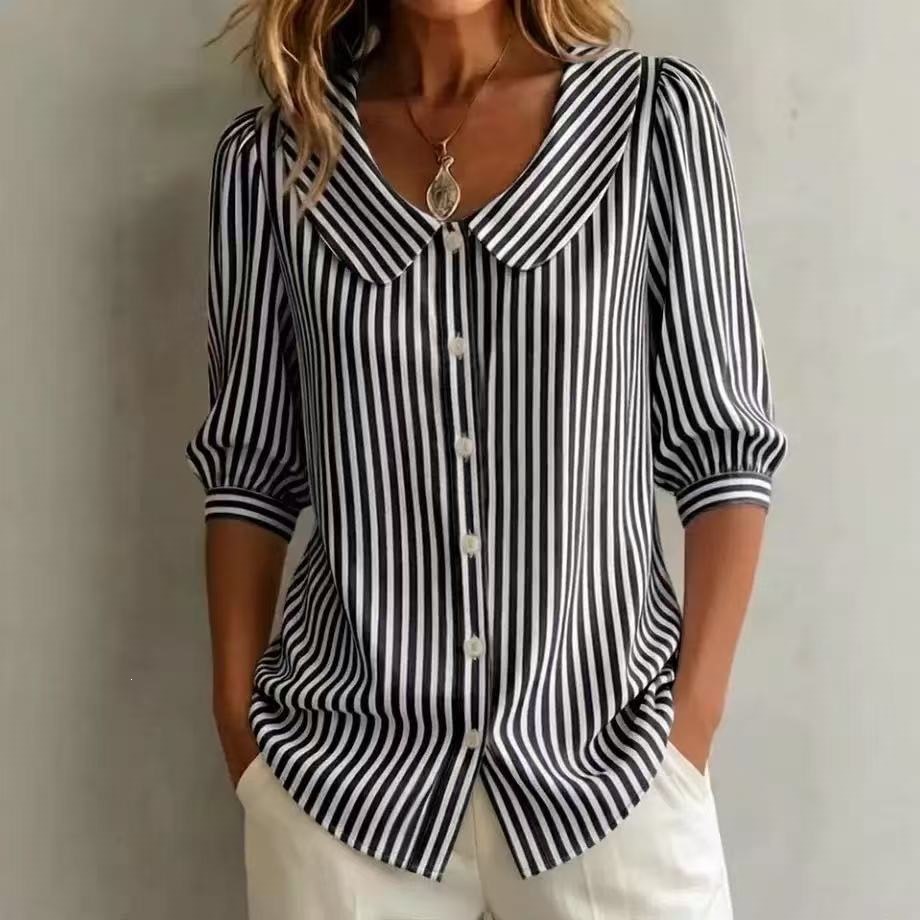Striped V-Neck Half-Sleeve Blouse Top for Women