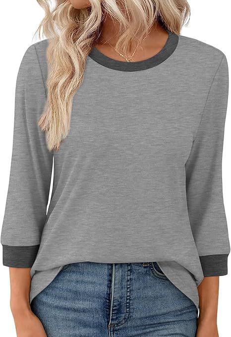 Women's 3/4 Sleeve Colorblock T-Shirt Crew Neck Fitted Top