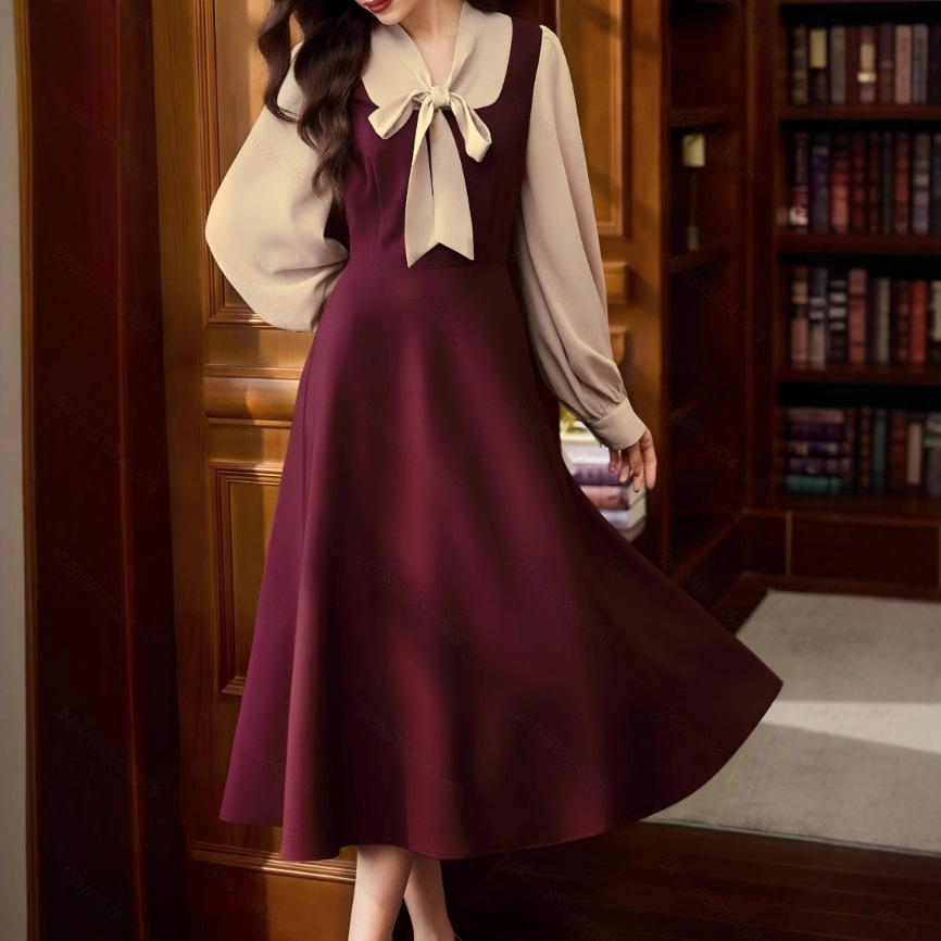Women's Vintage Long Sleeve Tie Midi Dress