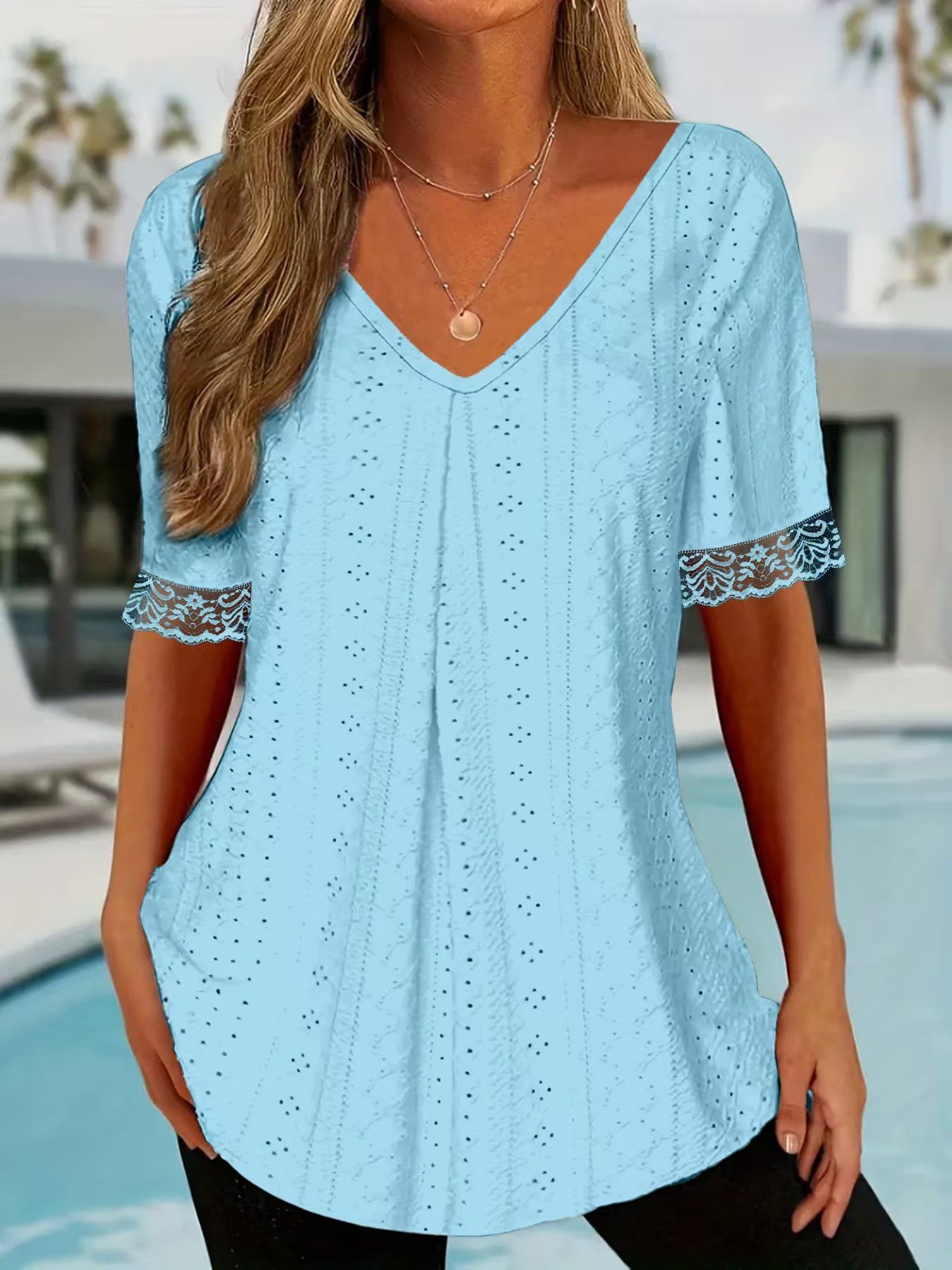 Women's Solid V-Neck Loose Short Sleeve Pleated T-Shirt