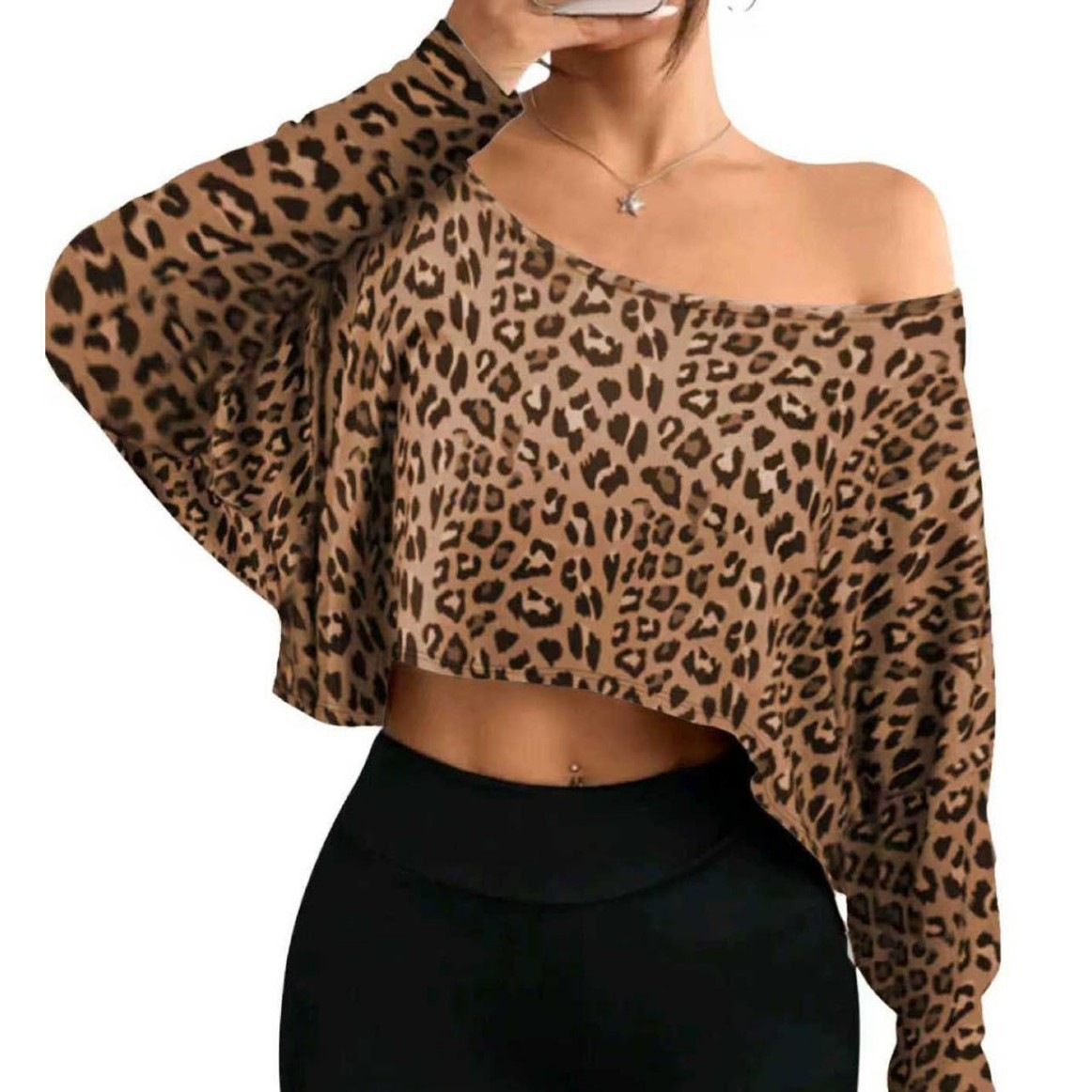 Women's One-Shoulder Leopard Print Long-Sleeve Cropped Top