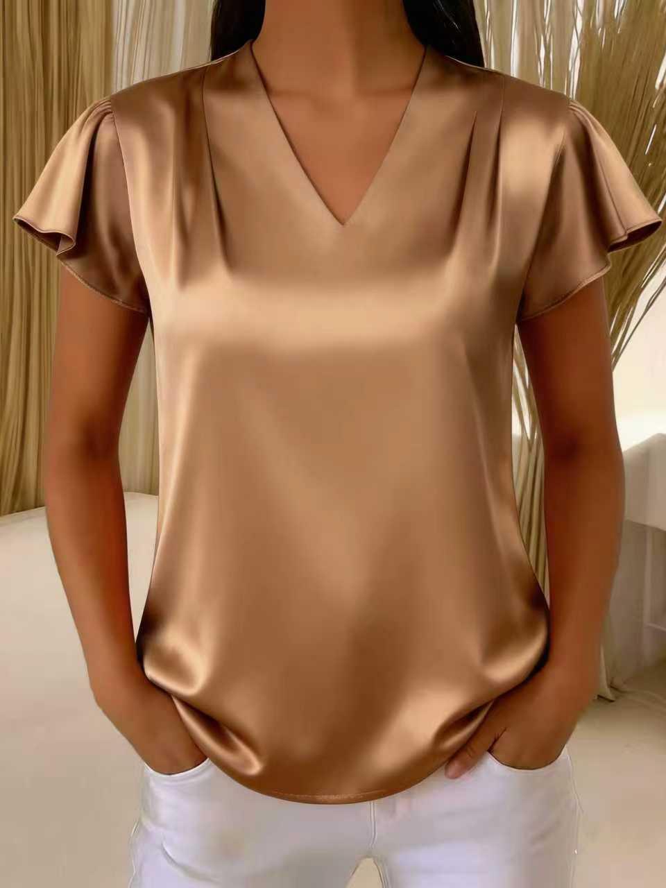 V-Neck Chiffon Pleated Loose Short Sleeve Top