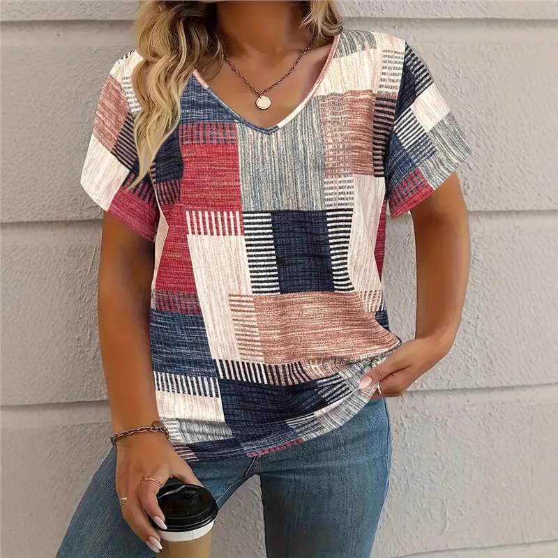 Women's Square Print V-Neck Short Sleeve T-Shirt
