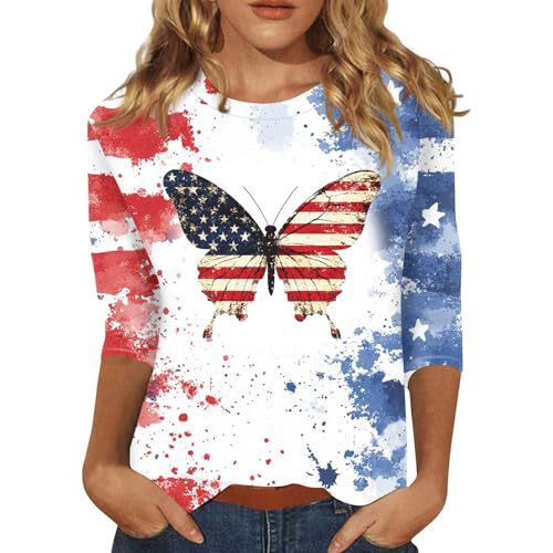 Summer American Flag Print Crewneck Short Sleeve Top