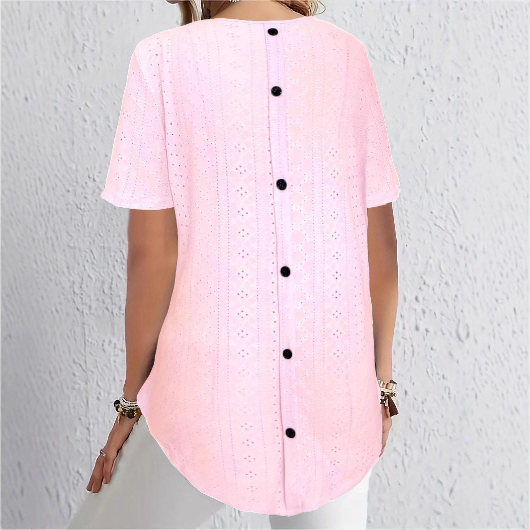 Elegant Printed Solid Color Back Button Short Sleeve T-Shirt