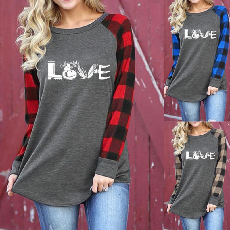 2024 Summer New Cross-Border European and American Women's Clothing Cross-Border European and American Spring and Autumn Plaid Print Round Neck Long Sleeve Top T-Shirt