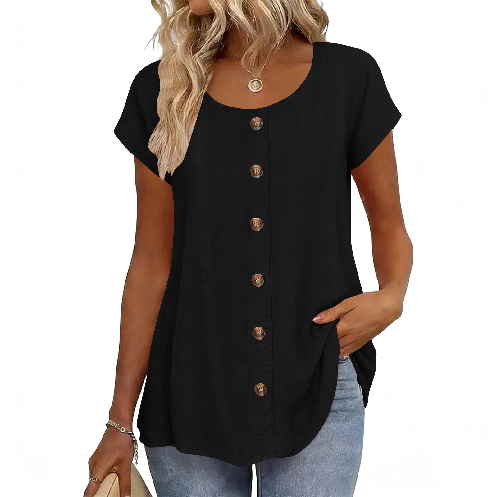Elegant Button-Trim Solid Short-Sleeve Crewneck T-Shirt