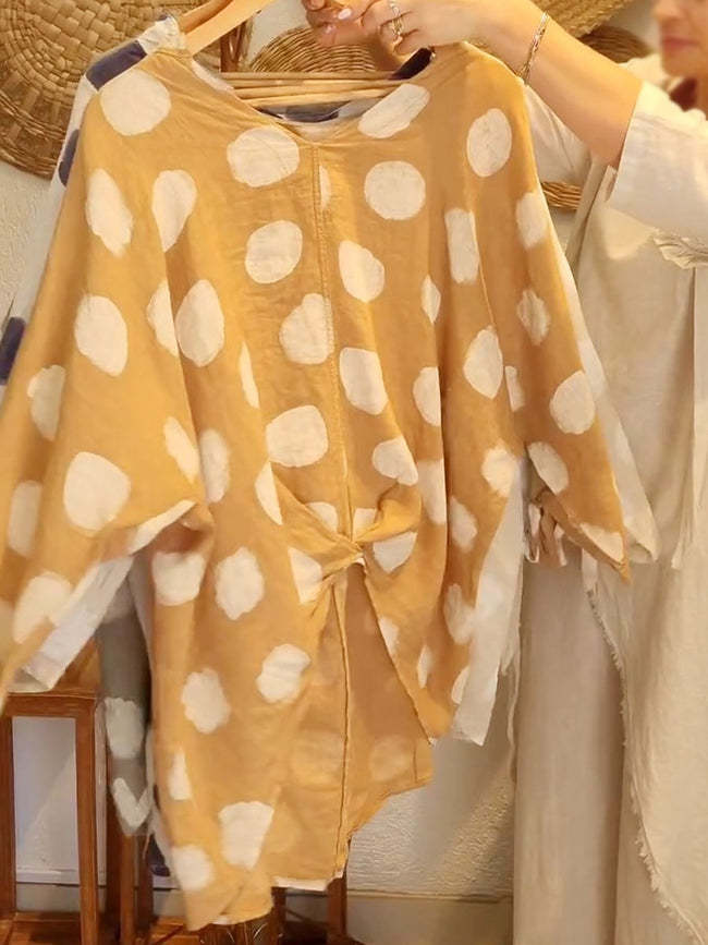 Women's V-Neck Polka Dot Print Half-Sleeve Top