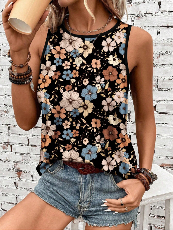 Women's Floral Print Sleeveless Tank Top Round Neck Loose Casual Summer Tee